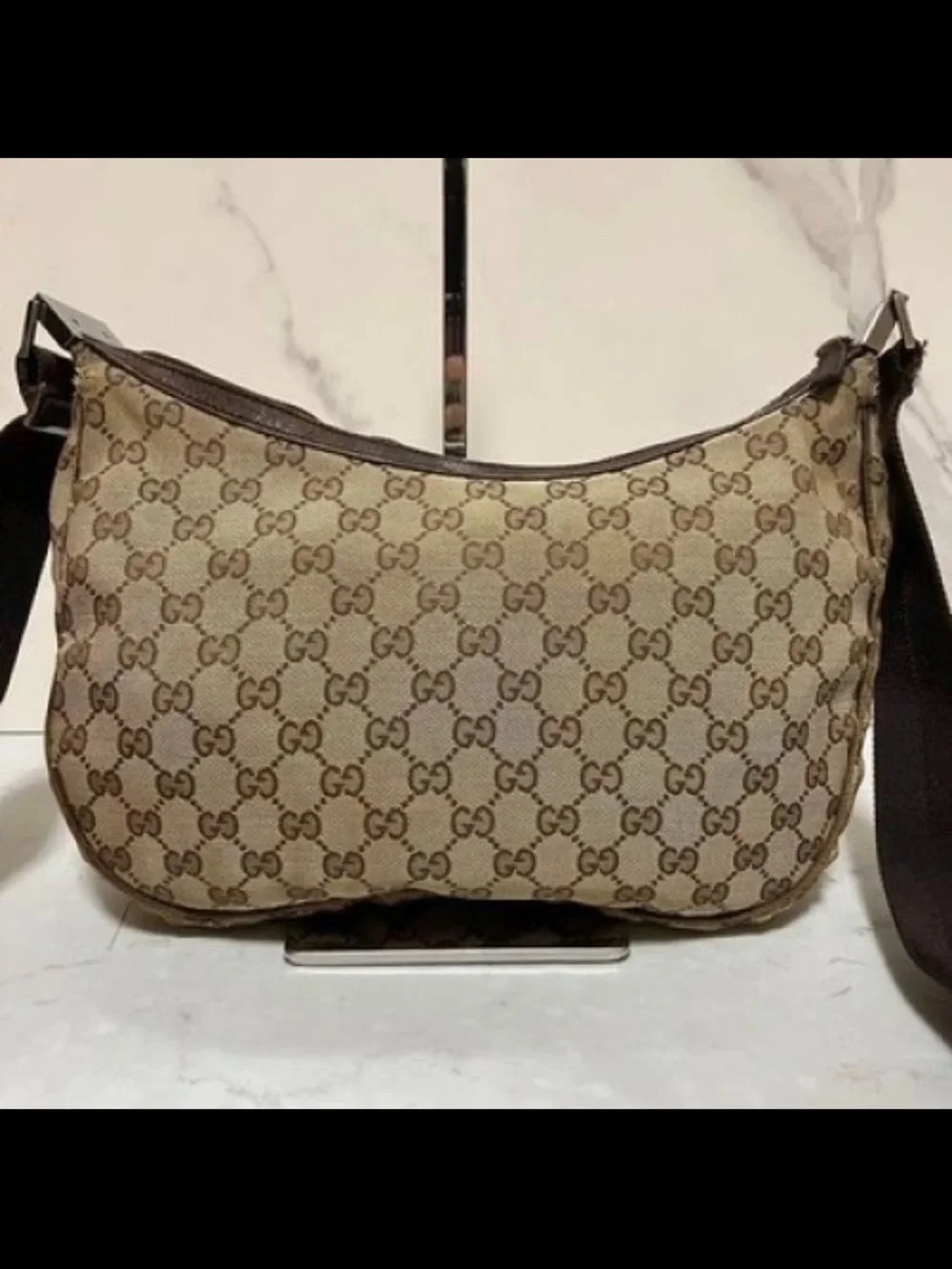 Gucci Brown Beige GG Canvas Hobo with Black Strap